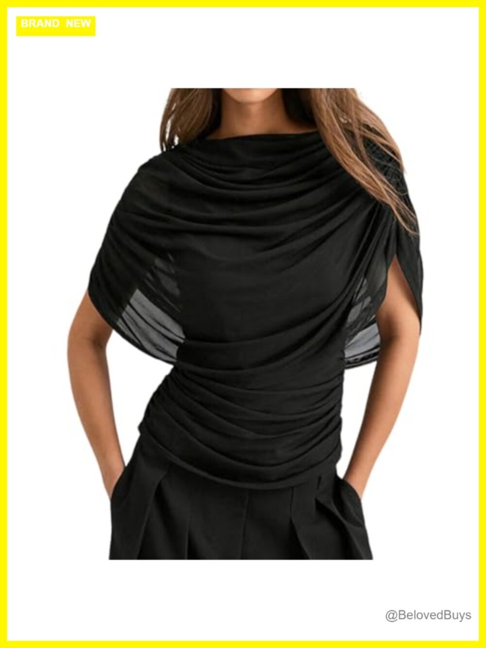 Women Dressy Draped Half Cape Sleeve Ruched Waist Tee Shirt Top Flowy Blouse